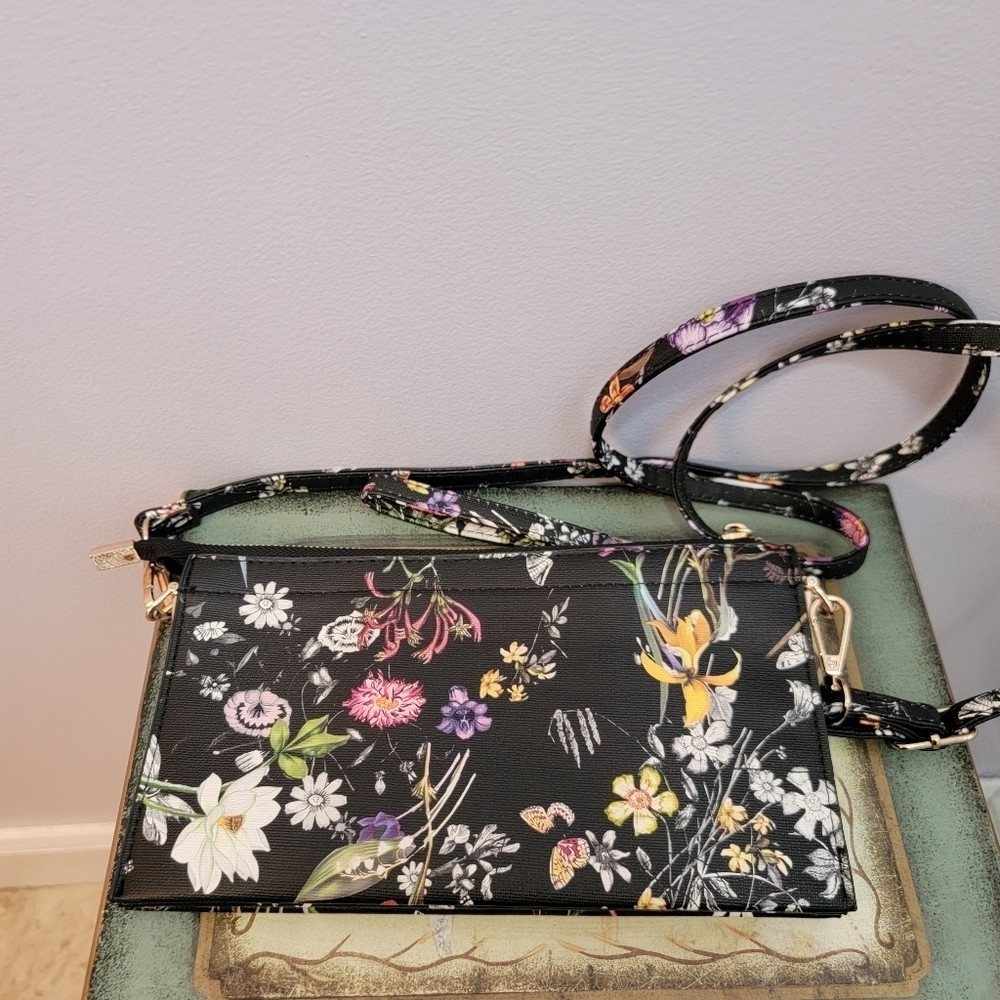 Multi Color Floral Midnight Garden Faux Saffiano Clutch / Crossbody / Wristlet - Picture 2 of 7